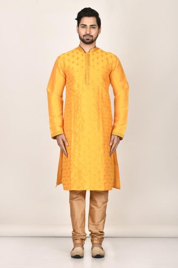 Engaging Mustard Color Function Wear Readymade Silk Fabric Kurta Pyjama For Men