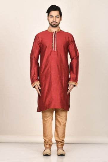Captivating Silk Fabric Function Wear Readymade Maroon Color Kurta Pyjama For Men