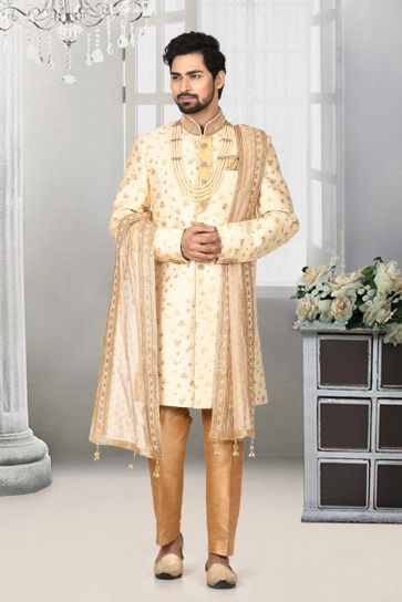 Wedding Wear Jacquard Fabric Enticing Sherwani For Men In Cream Color