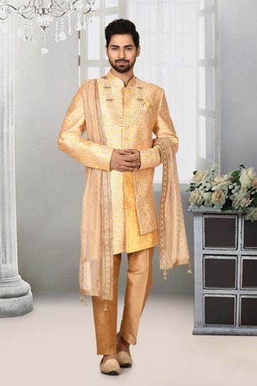 Wedding Wear Golden Color Phenomenal Sherwani For Men In Jacquard Fabric