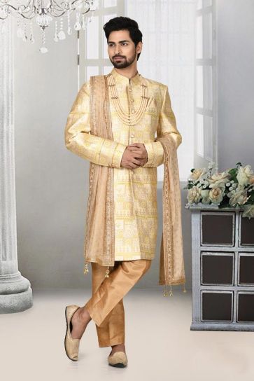 Wedding Wear Royal Golden Color Sherwani For Men In Jacquard Fabric