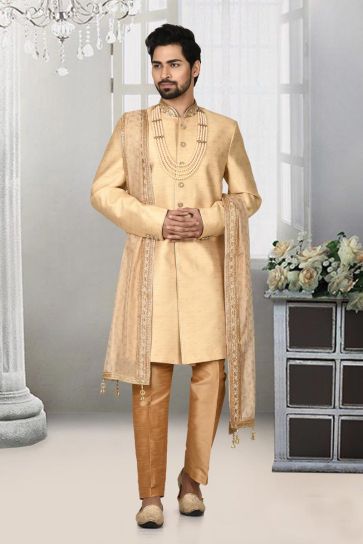 Wedding Style Cream Color Jacquard Fabric Intricate Sherwani For Men