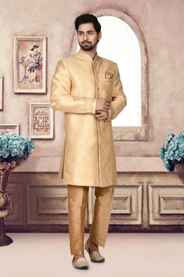 Jacquard Fabric Cream Color Astounding Sherwani For Men In Wedding Wear
