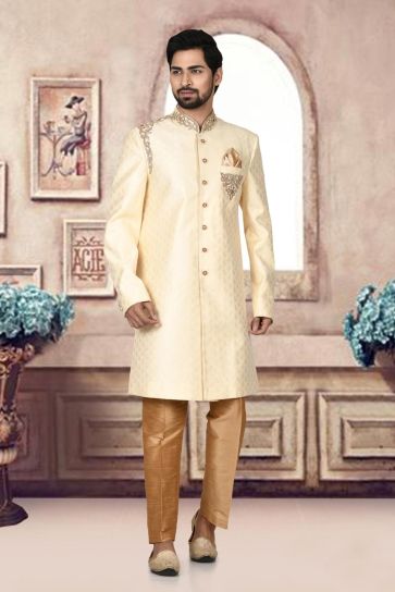 Wedding Wear Cream Color Jacquard Fabric Mesmeric Sherwani For Men