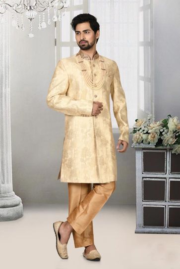 Wedding Wear Golden Color Adoring Sherwani For Men In Jacquard Fabric