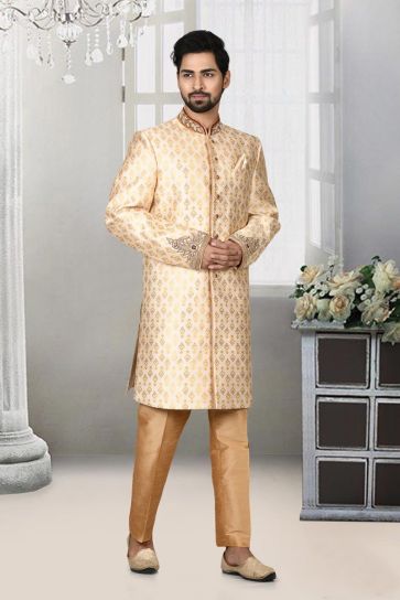 Radiant Cream Color Jacquard Fabric Wedding Style Sherwani For Men
