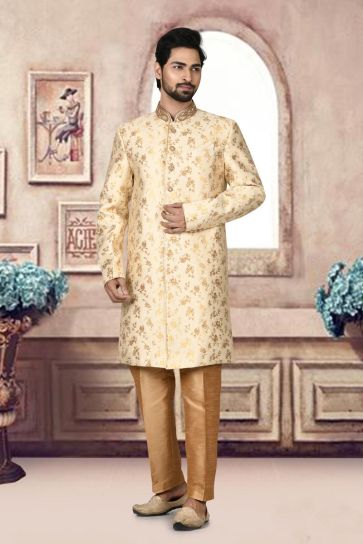Jacquard Fabric Golden Color Wedding Style Embellished Sherwani For Men