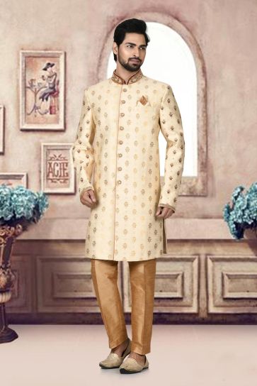 Wedding Wear Jacquard Fabric Mesmerizing Sherwani For Men In Golden Color