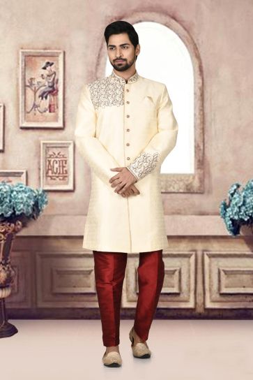 Wedding Style Cream Color Jacquard Fabric Regal Sherwani For Men