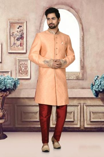 Orange Color Wedding Wear Astounding Sherwani For Men In Jacquard Fabric