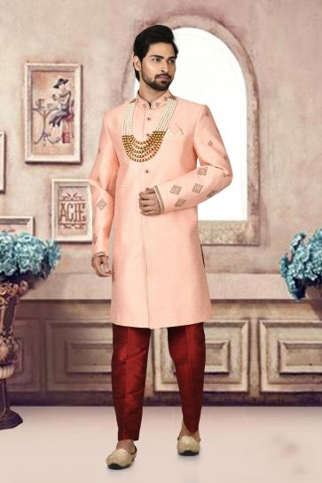 Wedding Wear Jacquard Fabric Luminous Sherwani For Men In Peach Color