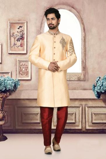 Trendy Wedding Style Golden Color Jacquard Fabric Sherwani For Men