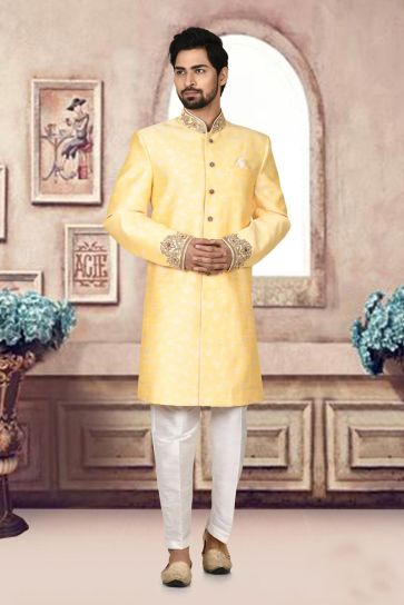 Yellow Color Wedding Wear Blazing Sherwani For Men In Jacquard Fabric