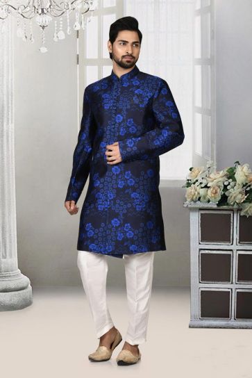 Wedding Wear Navy Blue Color Gleaming Sherwani For Men In Jacquard Fabric