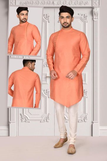 Cotton Fabric Brilliant Function Wear Kurta Pyjama In Orange Color
