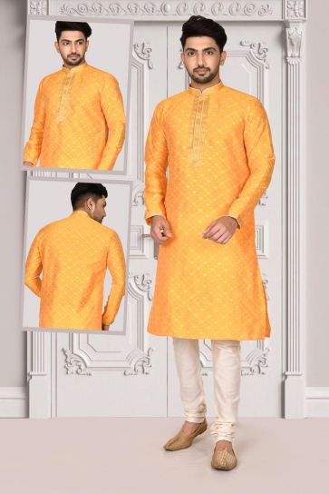 Brocade Fabric Orange Color Function Wear Designer Kurta Pyjama