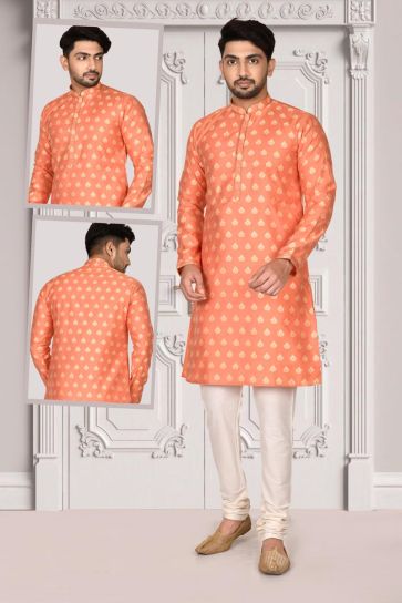Brocade Fabric Orange Color Lavish Function Wear Kurta Pyjama