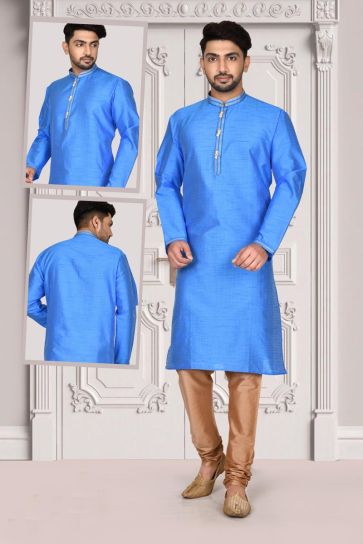 Blue Color Ethnic Wear Splendid Kurta Pyjama In Brocade Fabric