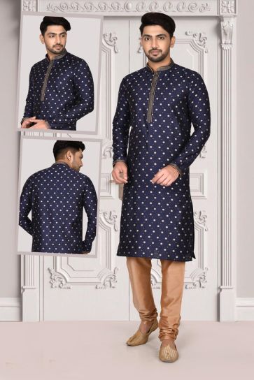 Brocade Fabric Brilliant Function Wear Kurta Pyjama In Navy Blue Color