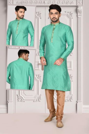 Brocade Fabric Sea Green Color Stunning Kurta Pyjama In Function Wear