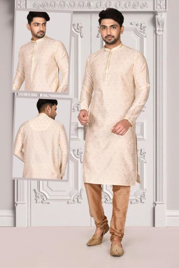 Cream Color Function Wear Kurta Pyjama In Charming Brocade Fabric