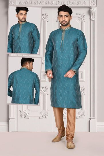 Teal Color Function Wear Kurta Pyjama In Soothing Brocade Fabric