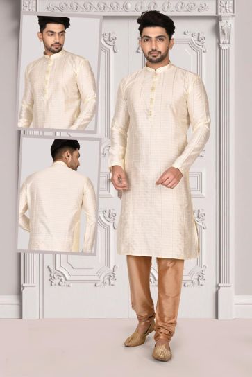 Aristocratic Function Wear Cream Color Brocade Fabric Kurta Pyjama