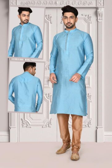 Elegant Cyan Color Brocade Fabric Function Wear Kurta Pyjama