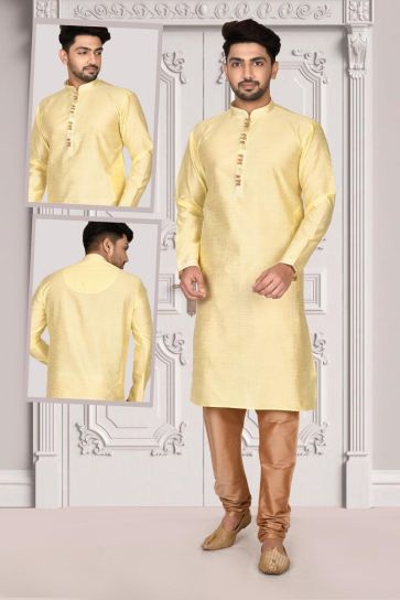 Brocade Fabric Yellow Color Lavish Function Wear Kurta Pyjama
