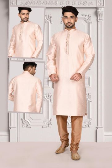 Peach Color Function Wear Splendid Kurta Pyjama In Brocade Fabric