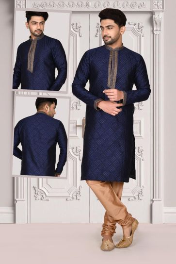 Brocade Fabric Brilliant Traditional Wear Kurta Pyjama In Navy Blue Color