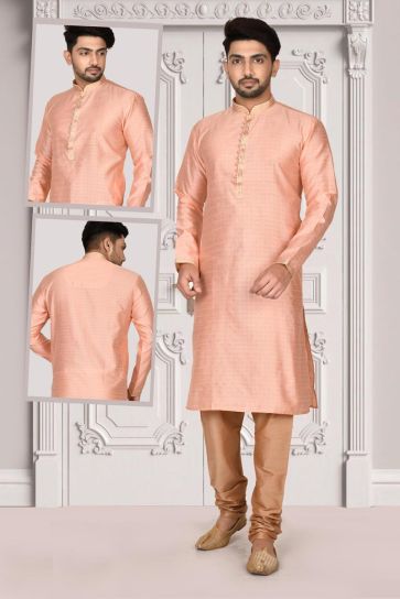 Brocade Fabric Peach Color Stunning Kurta Pyjama In Function Wear