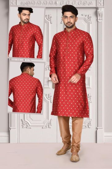 Red Color Function Wear Kurta Pyjama In Charming Brocade Fabric