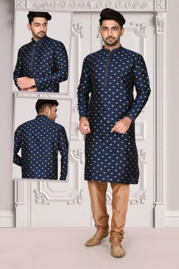 Brocade Fabric Navy Blue Color Function Wear Designer Kurta Pyjama