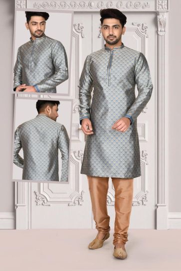 Grey Color Jacquard Fabric Luxurious Kurta Pyjama In Function Wear