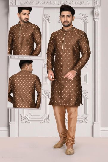 Brown Color Brocade Fabric Aloof Function Wear Kurta Pyjama
