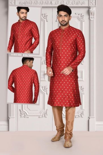 Brocade Fabric Red Color Lavish Function Wear Kurta Pyjama