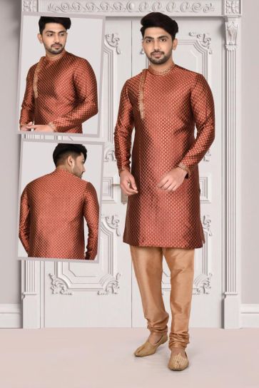Rust Color Function Wear Splendid Kurta Pyjama In Jacquard Fabric