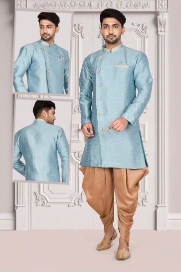 Blazing Sky Blue Color Wedding Wear Jacquard Fabric Indo Western For Men