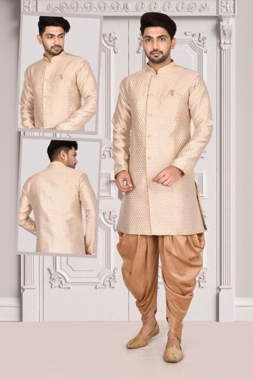 Cream Color Jacquard Fabric Subline Indo Western For Men In Wedding Wear