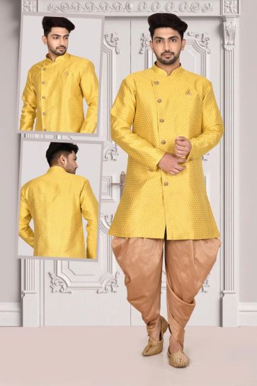 Dusky Yellow Color On Wedding Wear Indo Western For Men In Jacquard Fabric