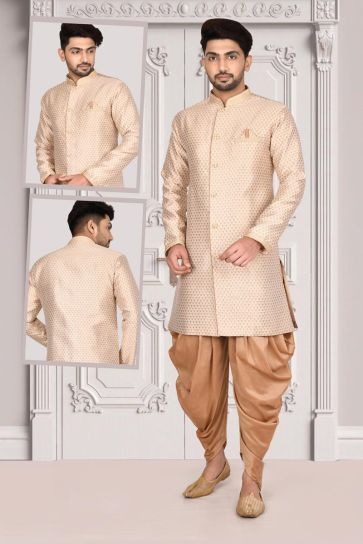Radiant Cream Color Jacquard Fabric Wedding Wear Indo Western For Men