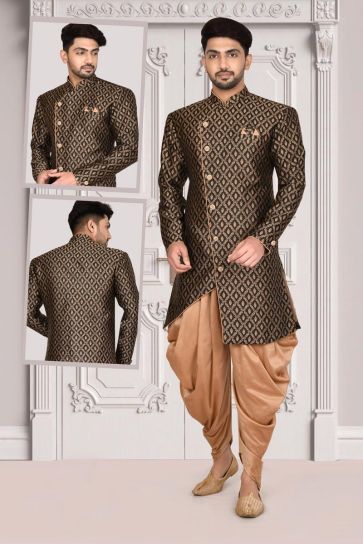 Wedding Wear Black Color Engrossing Indo Western For Men In Jacquard Fabric