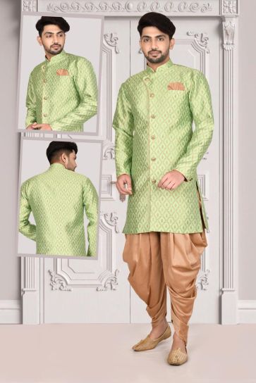 Green Color Jacquard Fabric Wedding Style Special Indo Western For Men
