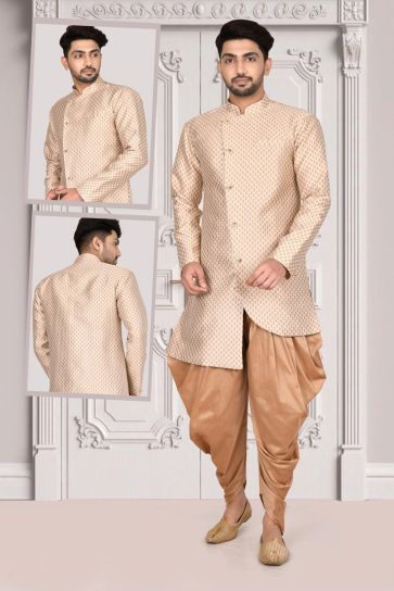 Chic Jacquard Fabric On Cream Color Wedding Wear Indo Western For Men