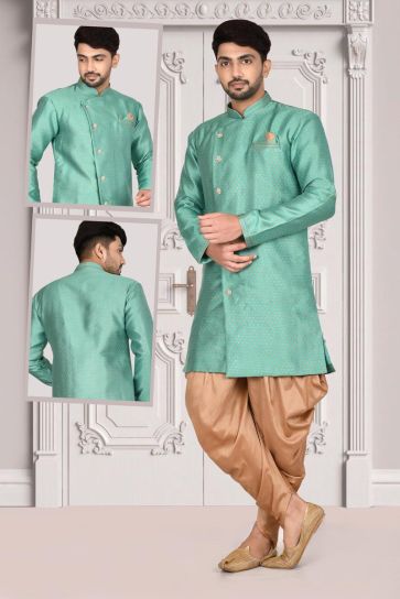 Wedding Style Sea Green Color Dashing Indo Western For Men In Jacquard Fabric