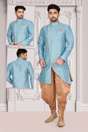 Wedding Wear Cyan Color Jacquard Fabric Exceptional Indo Western For Men