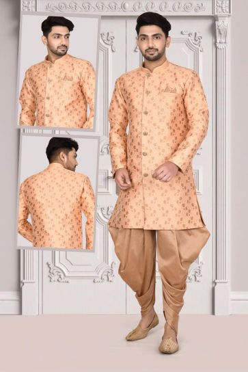 Wedding Wear Jacquard Fabric Aristocratic Indo Western For Men In Peach Color