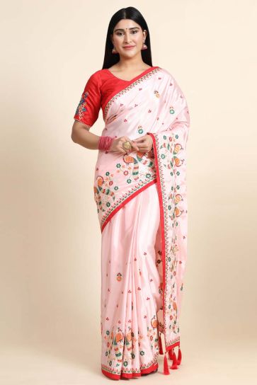 Festival Wear Stunning Pink Color Saree In Embroidered Work Crepe Silk Fabric