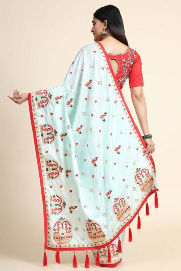 Festival Wear Light Cyan Color Marvelous Embroidered Work Crepe Silk Fabric Saree